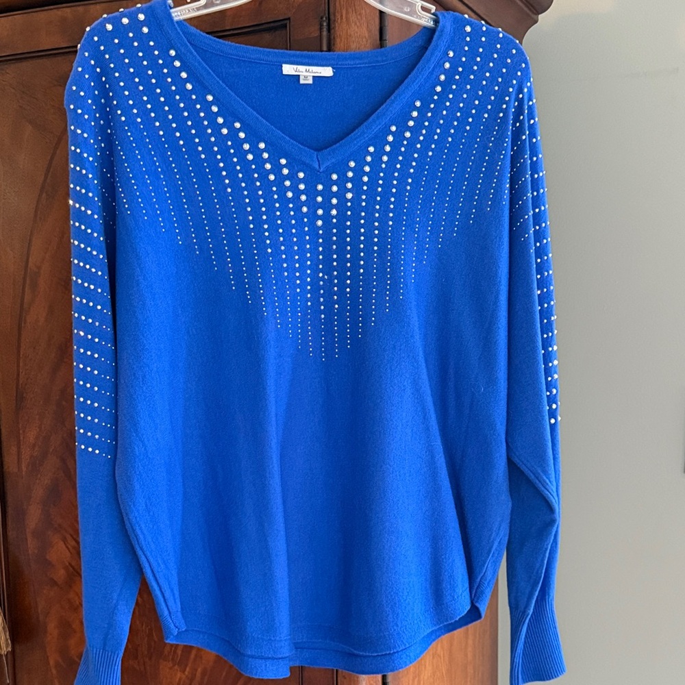 Blue V-Neck Sweater with Embellishments